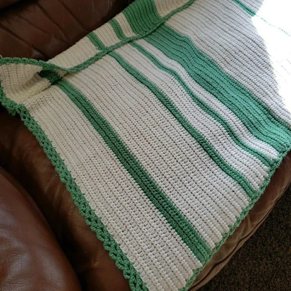 Handmade Crochet Blanket White Green Throw 65x35 Lapghan Knit Gift Cozy Baby
